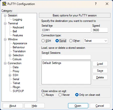 puTTY with Serial Selected